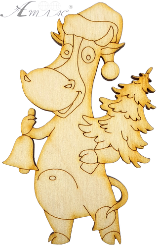 Фигурка фанерная - Корова или Бык № 13 с елкой и колокольчиком 5 х 8 см + магнит AS-4526