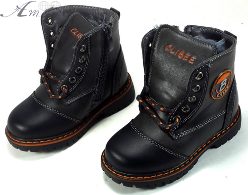 Ботинки Clibee теплые, cеро-черные на шнурках и змейке р.21-26 H-36