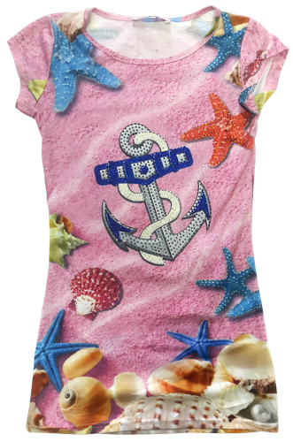 Платье р.134-152 стретч, розовое с якорем и стразами 14247 Платье р.134-152 стретч, розовое с якорем и стразами 14247