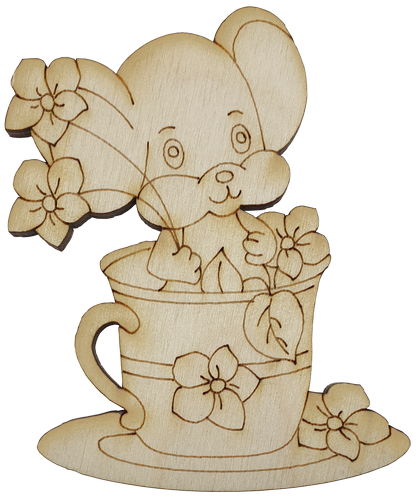 Фигурка фанерная - Мышонок № 25 в чашке с цветами 71 х 85 мм с магнитом AS-4849, В-0407