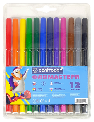 Фломастеры Centropen 12 цветов Washable 1 мм отстирывается  7790/12