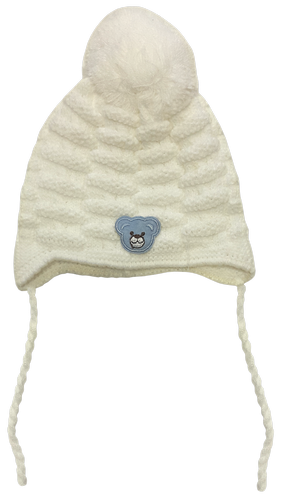 Шапока вязаная с аппликацией Мишка, с бубенчиком и завязками 13128