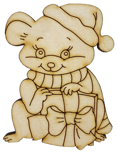 Фигурка фанерная - Мышонок № 21 с подарком в колпаке 53 х 71 мм с магнитом AS-4845, В-0403