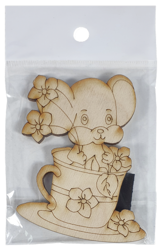 Фигурка фанерная - Мышонок № 25 в чашке с цветами 71 х 85 мм с магнитом AS-4849, В-0407 фото 3