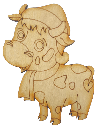 Фигурка фанерная - Корова или Бык №  7 в шапке и шарфе 5,5 х 7 см + магнит AS-4520