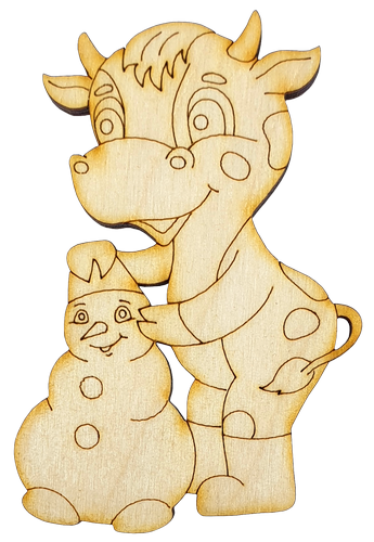 Фигурка фанерная - Корова или Бык № 20 со снеговиком 5,5 х 8,5 см + магнит AS-4533