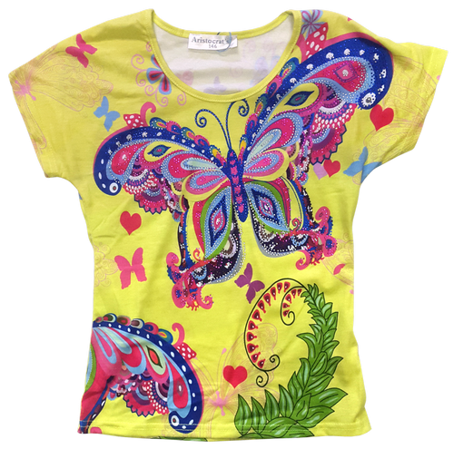 Футболка для девочки стретч, желтая с бабочкой и стразами р. 128-152 см 14238 Футболка для девочки стретч, желтая с бабочкой и стразами р. 128-152 см 14238