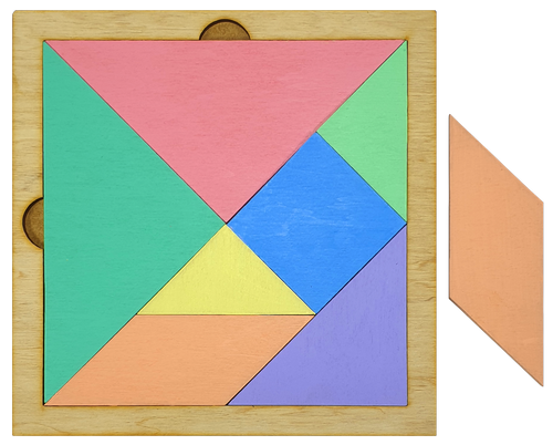 Танграм ЦВЕТНОЙ с двух сторон из фанеры на МДФ основании 20 х 20 см  AS-7145