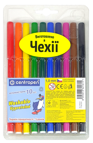 Фломастеры Centropen 10 цветов Washable 1 мм отстирывается 7790/10