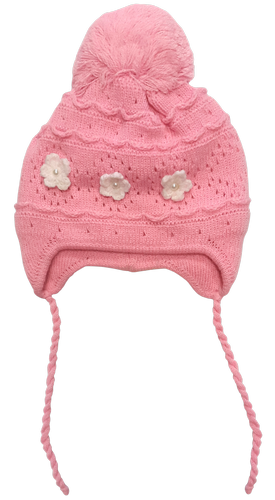 Шапочка вязаная для девочки с завязками и бубенчиком, с жемчугом 13130 Шапочка вязаная для девочки с завязками и бубенчиком, с жемчугом 13130