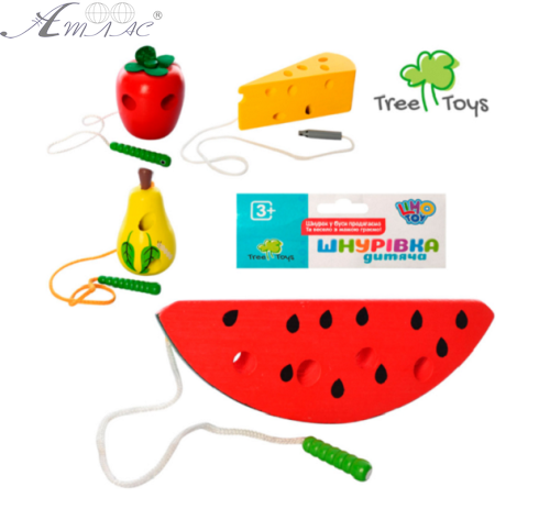 Игрушка Шнуровка деревянная на выбор - арбуз, сыр, клубника на подвесе  MD0494