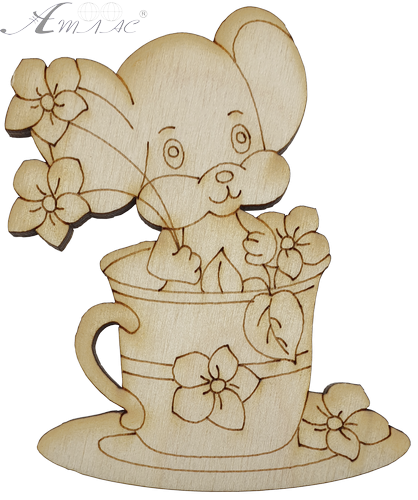 Фигурка фанерная - Мышонок № 25 в чашке с цветами 71 х 85 мм с магнитом AS-4849, В-0407