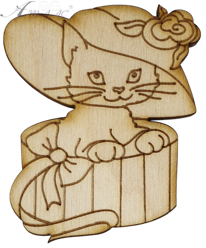 Фігурка фанерна - Котик в капелюсі та в коробці 6.7 см AS-4660, В-0247