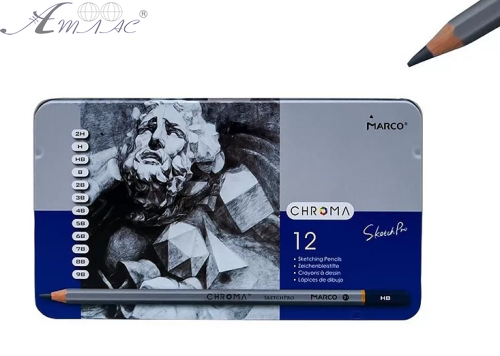 Олівці графітові набір Marсо 12шт 2Н-9В Chroma в металевому пеналі 8015-12TN