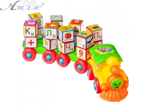 Іграшка Паровозик каталка з рос кубиками в блістері  2366С
