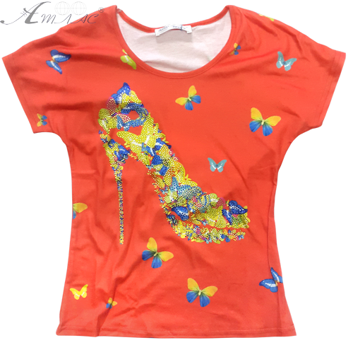 Футболка для дівчинки стретч, коралова з туфлею та стразами р. 128-152 см 14239