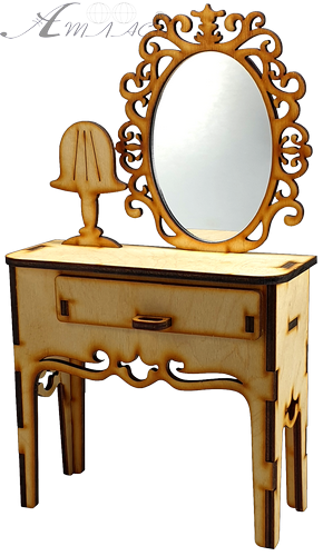 Мебель для кукол типа Барби - Дамский стол с РЕАЛЬНЫМ зеркалом и Лампой из фанери  AS-4062