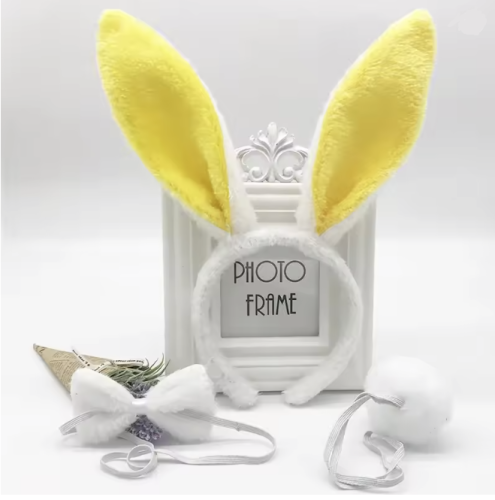 Игрушки Обруч Ушки Зайки с хвостом и бабочкой меховые белые с желтым  04899 