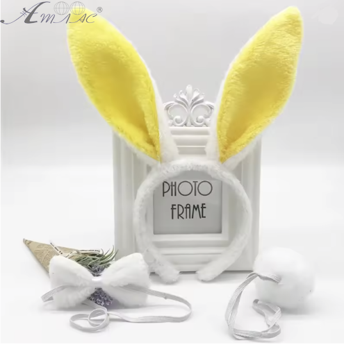 Іграшки Обруч Вушка Зайчика з хвостом і метеликом хутряні білі з жовтим  04899