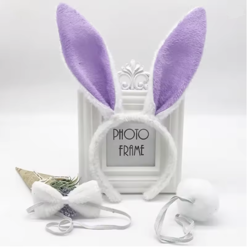 Игрушки Обруч Ушки Зайки с хвостом и бабочкой меховые белые с сиреневым  16346 