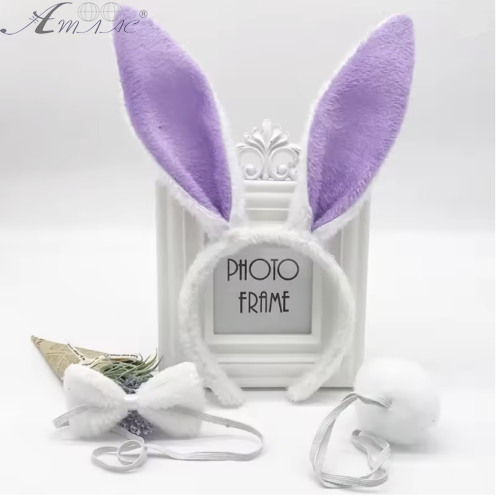 Іграшки Обруч  Вушка Зайчика з хвостом і метеликом хутряні білі з бузковим  16346