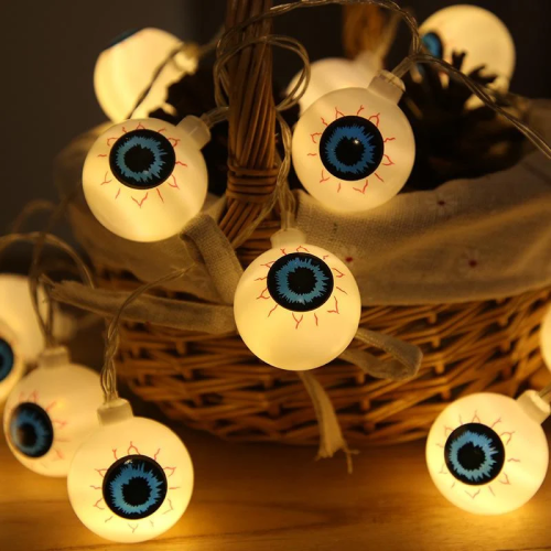 Игрушка прикол Гирлянда на Хэллоуин Глаза 150см 10шт d=4см Белый на батарейках  11199 фото 2