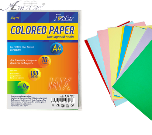 Бумага цветная A4 80 г микс 100 листов, 10 цветов  134780