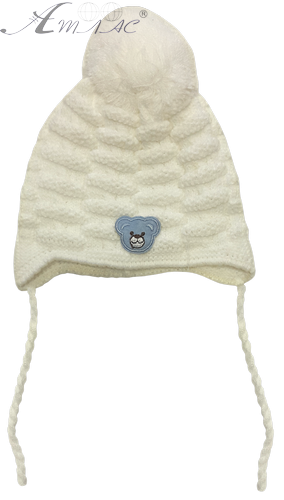 Шапока вязаная с аппликацией Мишка, с бубенчиком и завязками 13128 Шапока вязаная с аппликацией Мишка, с бубенчиком и завязками 13128