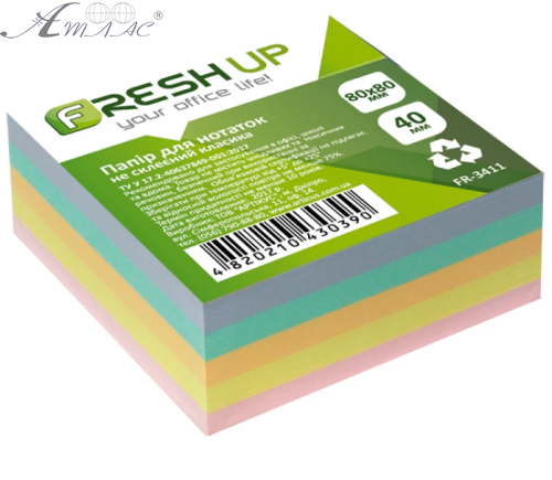 Папір для нотаток Fresh Up Кольоровий НЕ склеєний 80 х 80 мм 400 л FR-3411