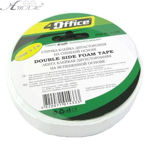 Скотч Двосторонній 4Office 24 мм х 2 м х 1 мм 4-396 Скотч Двосторонній 4Office 24 мм х 2 м х 1 мм 4-396