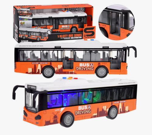 Игрушка Автобус Оранжевый двери открываются свет звук 26 см  JS120A