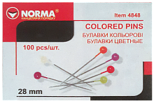 Кнопки голки 28 мм Norma 100 шт, кольорові кульки в картонній коробці 4848.