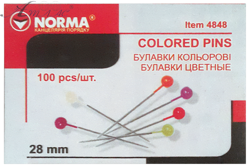 Кнопки голки 28 мм Norma 100 шт, кольорові кульки в картонній коробці 4848.