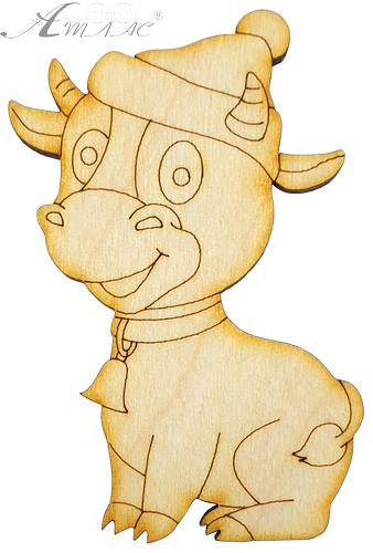 Фигурка фанерная - Корова или Бык № 12 сидит как пес в шапке 5 х 8 см + магнит AS-45253