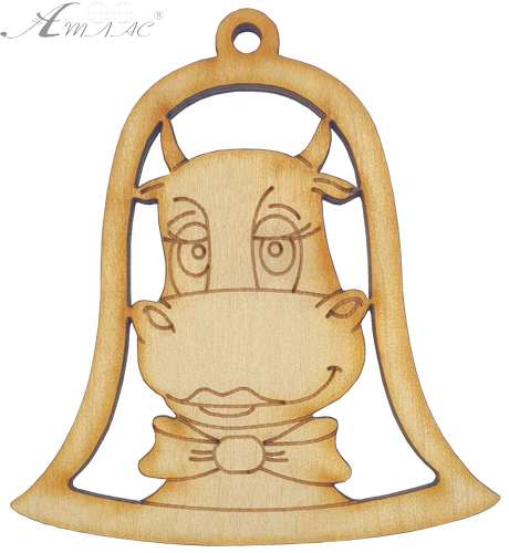 Фігурка фанерна - Корова або Бик №  9 у дзвонику 7,5 х 8 см + магніт AS-4522