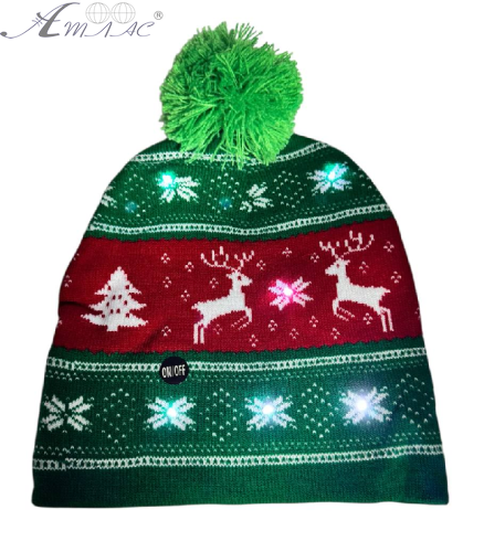 Шапка вязанная с подсветкой d=20+см зеленая с оленями  17379 фото 2