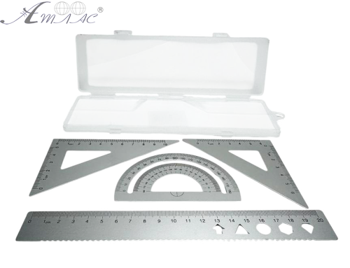 Набор Линеек металл 20см + 2 треугольника + транспортир в пенале  01986