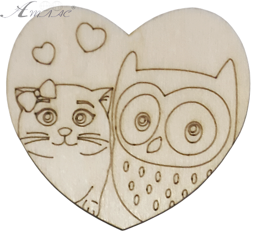 Фигурка фанерная - Сердце котик с совой 8 х 7,5 см AS-4719, В-0336