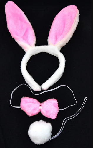 Игрушки Обруч Ушки Зайки с хвостом и бабочкой меховые белые с розовым  10278 