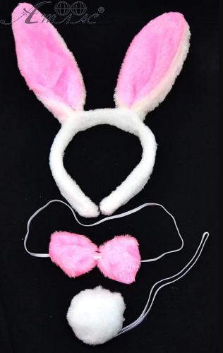 Іграшки Обруч Вушка Зайчика з хвостом і метеликом хутряні білі з рожевим  10278