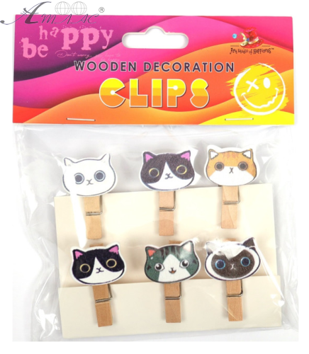 Прищепки декоративные Коты 6 шт деревянные 3,5 см   200179