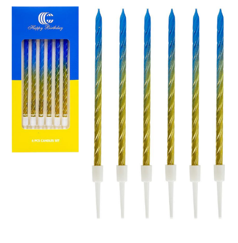 Свечи Желто-Синие набор, 6 шт свечек, 6 шт держателей, 10см в блистере 1102