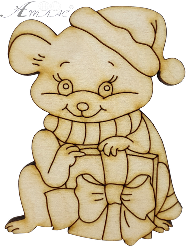 Фигурка фанерная - Мышонок № 21 с подарком в колпаке 53 х 71 мм с магнитом AS-4845, В-0403