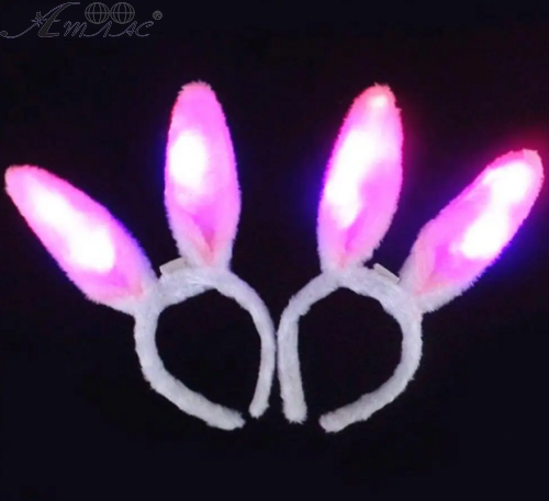 Іграшки Обруч Вушка Зайки з підсвіткою 29 см хутряні білі з рожевим  09921