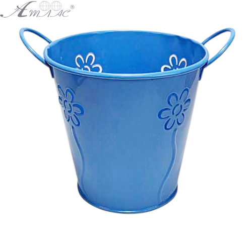 Відерце Кашпо Декоративний метал 11 х 11см з двома ручками та квітами Синє  10997