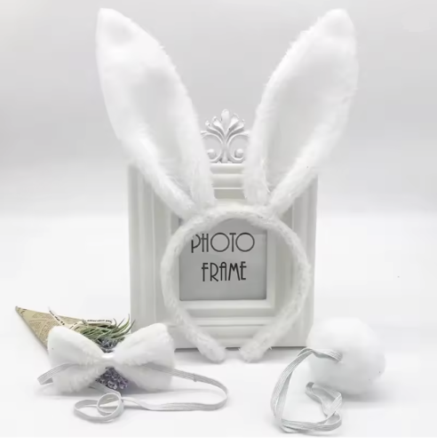 Игрушки Обруч Ушки Зайки с хвостом и бабочкой меховые Белые  06762 