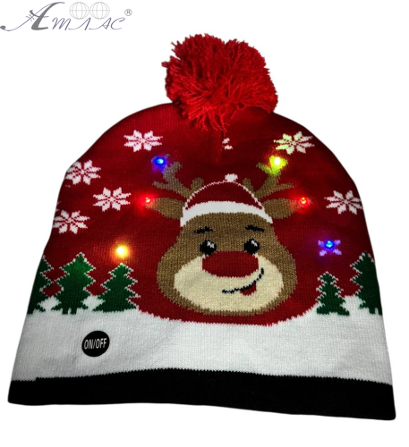 Шапка вязанная с подсветкой d=20+см красная с оленями 01668 фото 2 Шапка вязанная с подсветкой d=20+см красная с оленями 01668 фото 2