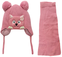 Шапочка в'язана для дівчинки, Amal із шарфом, р.5 рожева з тваринкою 14180