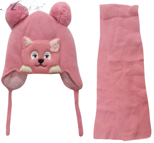 Шапочка в'язана для дівчинки, Amal із шарфом, р.5 рожева з тваринкою 14180