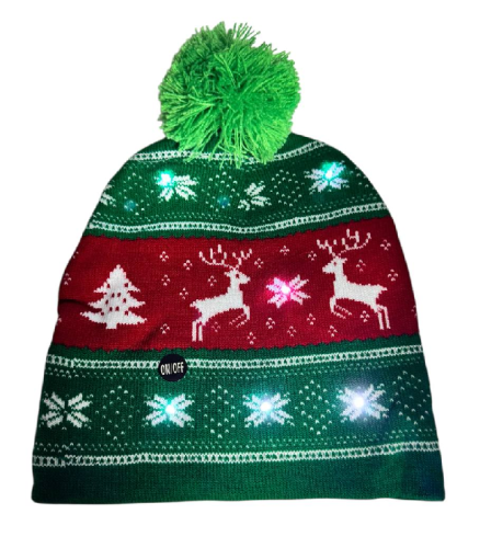 Шапка вязанная с подсветкой LED зеленая с оленями  17379 фото 2